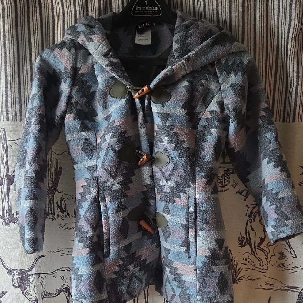 Cruel Girl Gray, Blue & Pink Aztec Hooded Pea Coat